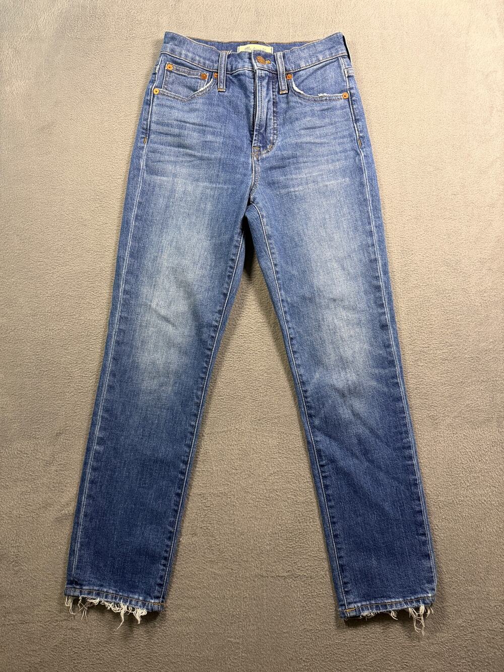 Madewell Women's High Rise Slim Straight Leg Fray Chew Hem Denim Jeans Size 23